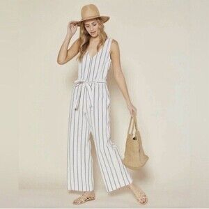 Outerknown Weekender Jumpsuit XS 100% Organic Cotton White Navy Stripe Wide Leg